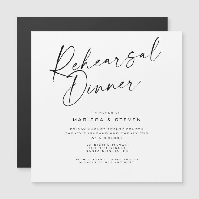 Elegant Calligraphy Rehearsal Dinner Magnetic Card (Fram/baksida)