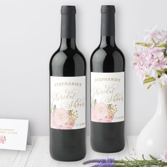 Elegant Calligraphy Rosa Guld Blommigt Möhippa Vinflaska Etikett (Bridal Shower wine bottle labels from my Pink and Gold Watercolor Floral Collection)