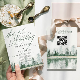 Elegant Calligraphy Rustic Forest QR Code Bröllop Inbjudningar