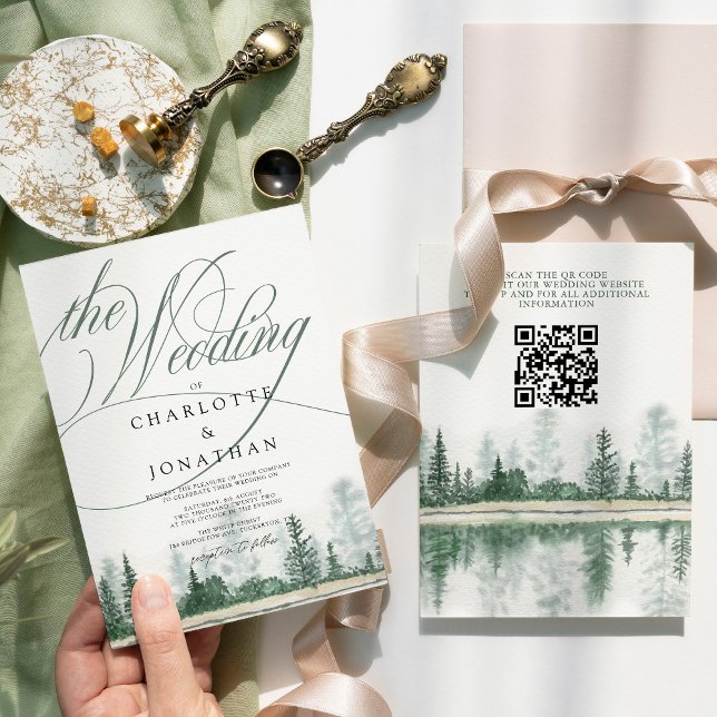 Elegant Calligraphy Rustic Forest QR Code Bröllop Inbjudningar (Skapare uppladdad)