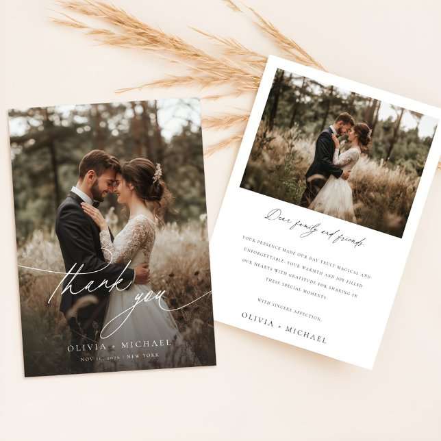 Elegant Calligraphy Rustic Photo Bröllop Tack Kort (Skapare uppladdad)