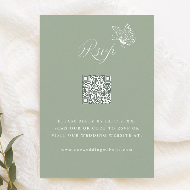 Elegant Calligraphy Sage Green Wedding QR Code OSA Kort (Skapare uppladdad)