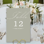 Elegant Calligraphy Sage Grönt Bröllop Bordsnummer<br><div class="desc">Skicka bröllop-bordsnummer-kort för Grönt med elegant-kalligrafi och redigerbart bordsnummer. Enkel, modern, minimalistisk utformning för kostym i bröllop färg. Bord är skrivet i handskript och mallen är redo för dig att redigera bordsnumret. I min samling i Bröllop Färg finns en samordning av inbjudningar, stationär utrustning och händelsemedagar. Om du vill ha...</div>