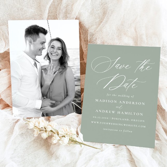 Elegant Calligraphy Sage Grönt Photo Bröllop Spara Datumet (Skapare uppladdad)