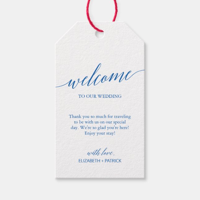 Elegant Calligraphy Santorini Blue Bröllop Välkomm Presentetikett (Framsidan)