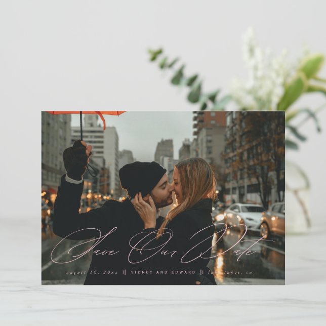 Elegant Calligraphy Save the Date Photo  Rosa Inbjudningar (Stående Fram)