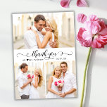 Elegant Calligraphy Script 3 Photo Collage Bröllop Tack Kort<br><div class="desc">Modern Elegant Chic Calligraphy 3 Photo Collage Bröllop - tackkort. Snyggt bröllop tackar dig för att du har en kortmall med tre (3) foto på framsidan och ett (1) foto på baksidan. Med "tack"-text i ett snabbt och slitstarkt rografi eller typografi byts typsnittsskriptet svan i svart mot vit bakgrund. Lilla...</div>