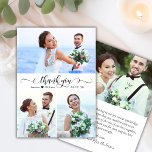 Elegant Calligraphy Script 3 Photo Collage Bröllop Tack Kort<br><div class="desc">Modern Elegant låter dig använda ett kort med tre foto Collage Bröllop. Snyggt bröllop tackar dig för att du har en kortmall med tre (3) foto på framsidan och ett (1) foto på baksidan. Med texten "tack" i ett snabbt kursivt, handskrivet kalligrafi- eller typografiskript i svart på vit bakgrund. Lilla...</div>