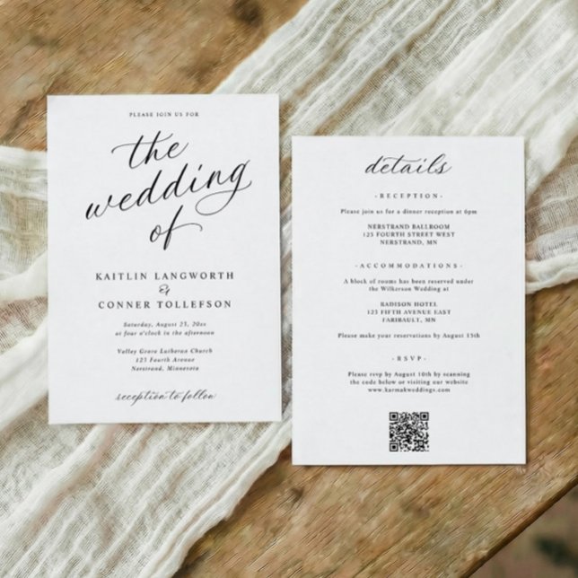 Elegant Calligraphy Script All in One Wedding Inbjudningar (Modern black and white wedding invitations with elegant calligraphy and classic script)