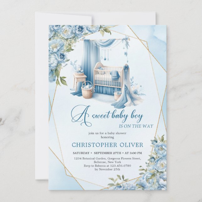 Elegant calligraphy script baby crib blommigt boy inbjudningar (Framsida)