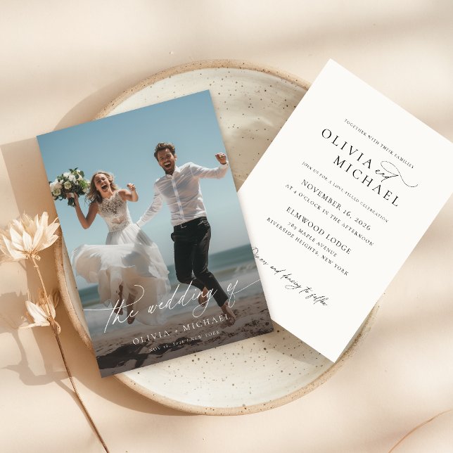 Elegant Calligraphy Script Beach Photo Bröllop Inbjudningar (Skapare uppladdad)