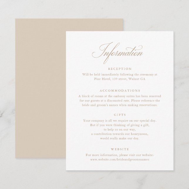 Elegant Calligraphy Script Beige Bröllop Info Card Inbjudningar (Fram/baksida)