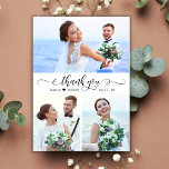 Elegant Calligraphy Script Bröllop 3 Photo Collage Tack Kort<br><div class="desc">Modern, Elegant, kort tack för att du fick Bröllop 3-fotomaketet. Snyggt bröllop tackar dig för att du har en kortmall med tre (3) foto på framsidan och ett (1) foto på baksidan. Med texten "tack" i ett snabbt kursivt, handskrivet kalligrafi- eller typografiskript i svart på vit bakgrund. Lilla kärlek-hjärta mellan...</div>
