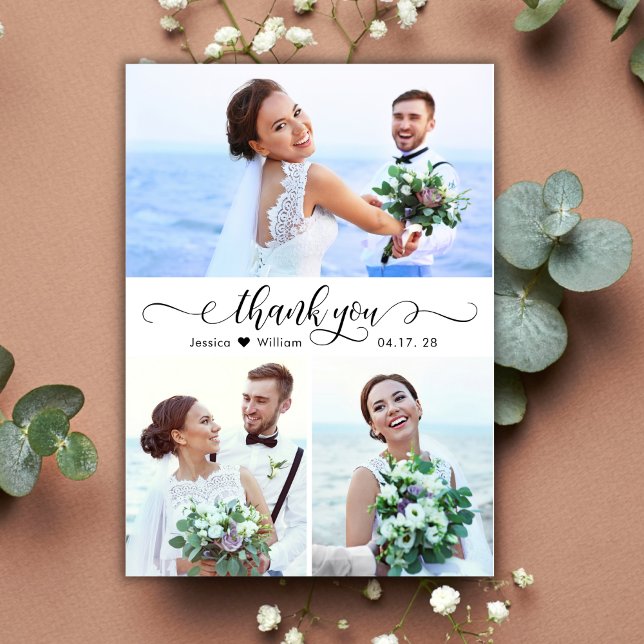 Elegant Calligraphy Script Bröllop 3 Photo Collage Tack Kort (Skapare uppladdad)