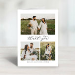 Elegant Calligraphy Script Bröllop Photo Collage Tack Kort<br><div class="desc">Med det uppspelade lodrät bröllop-tacket har du ett fotokort med elegant och snyggt "Tack"-skript, ett monogram av brid- och groompars namn, tillsammans med en enkel kollage av 3 foton på framsidan. Utrymme för ytterligare foto och anpassningsbar tack för att du har ett meddelande som kan vara personlig som finns i...</div>