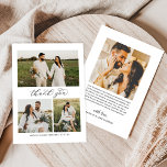 Elegant Calligraphy Script Bröllop Photo Collage Tack Kort<br><div class="desc">Det platta lodrät bröllop-tack som du har med dig fotokorten med elegant och snyggt "Tack"-skript, ett monogram av Bron- och Groom-parets namn, tillsammans med en enkel kollage av 3 foton på framsidan. Utrymme för ytterligare foto och tack för anpassningsbar som kan vara personlig finns på baksidan av kortet. Observera att...</div>