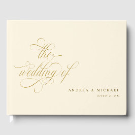 Elegant Calligraphy Script Cream och Guld Bröllop Gästböcker