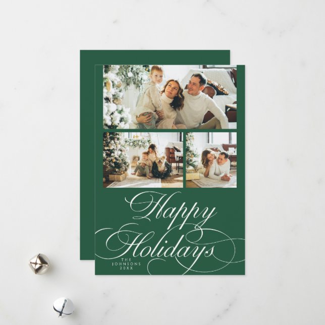 Elegant Calligraphy Script Photo Collage Christmas Julkort (Fram/Back In Situ)
