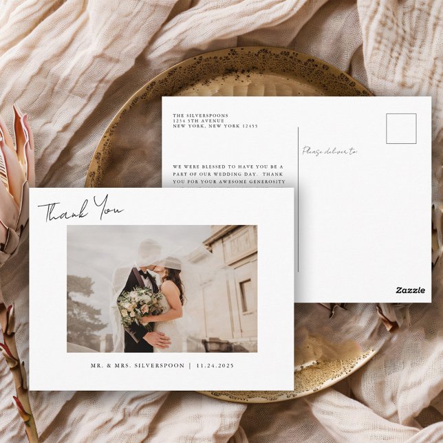 Elegant Calligraphy Script Wedding Photo Thank You Vykort (Skapare uppladdad)