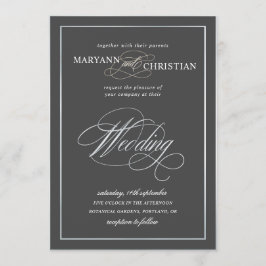 elegant calligraphy silver grått bröllopsinbjudan inbjudningar
