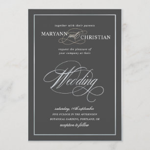 elegant calligraphy silver grått bröllopsinbjudan inbjudningar
