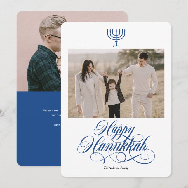 Elegant calligraphy simple Hanukkah-familjfoto H Julkort (Fram/baksida)