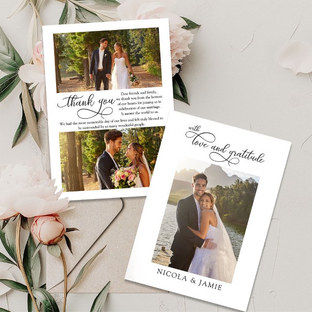 Elegant Calligraphy Simple Modern 3 Bröllop Photo Tack Kort (Love and Gratitude Wedding Photo Thank You Card with elegant modern calligraphy and 3 photos)