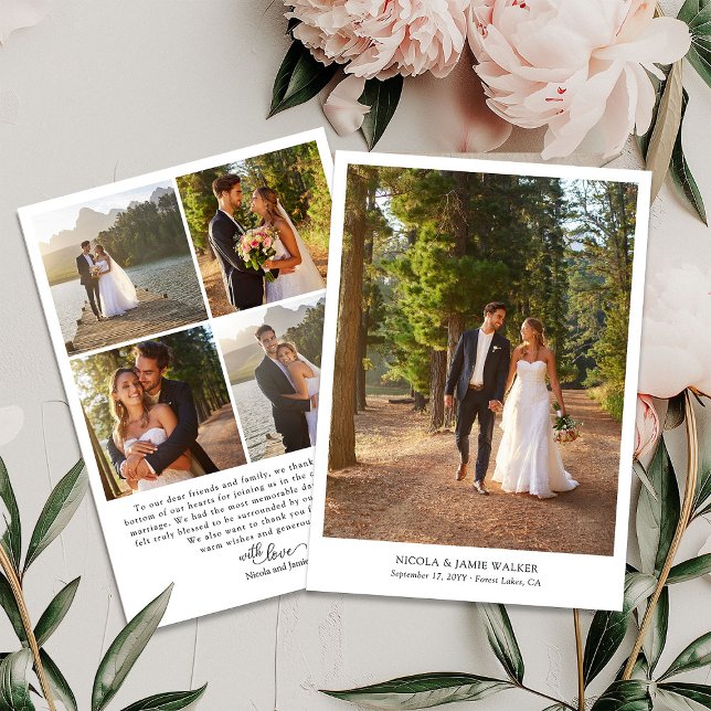 Elegant Calligraphy Simple Modern 5 Bröllop Photo Tack Kort (Wedding Photo Thank You Card with elegant modern calligraphy and 5 photos)