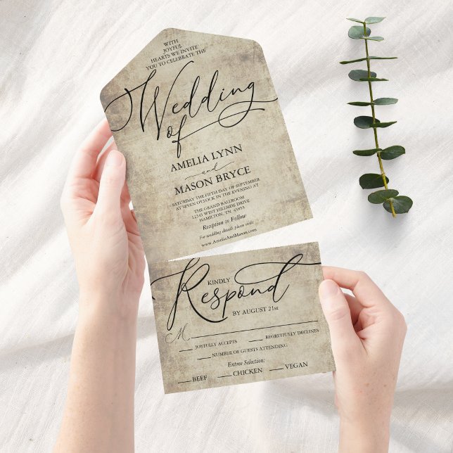 Elegant Calligraphy-skript Bröllop (Elegant Vintage Calligraphy Script All in One Wedding Invitation)