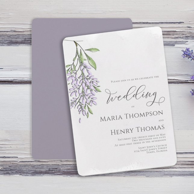 Elegant Calligraphy-skript Lavender Bröllop Inbjudningar (Watercolor elegant Spring wisteria flower vine wedding invitation. )