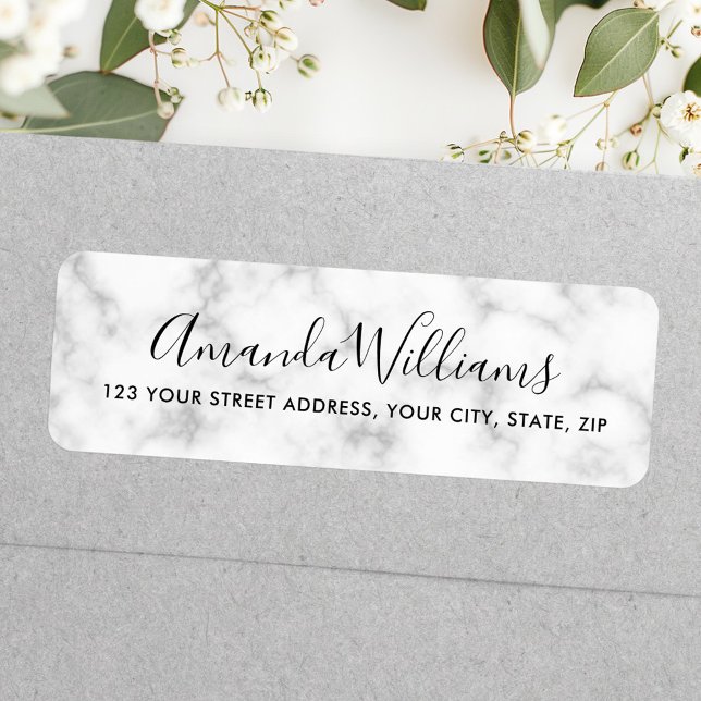 Elegant calligraphy-skript, vit marble adress returadress etikett (Elegant calligraphy script white marble address label)