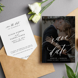 Elegant calligraphy-skriptfoto bröllop spara datumet