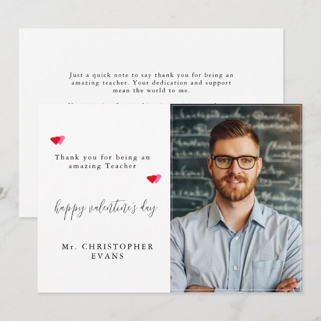 Elegant Calligraphy Teacher Valentines day Photo Julkort (Fram/baksida)