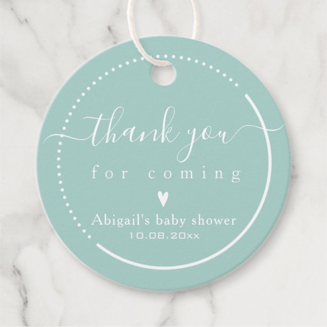 Elegant Calligraphy Teal Baby Shower Tack Gåvor Etiketter (Framsida)