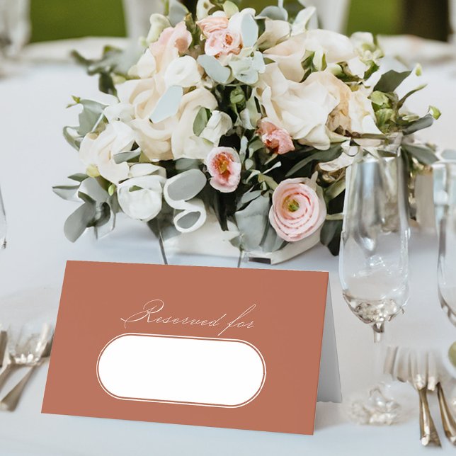 Elegant Calligraphy Terracotta Bröllop Reserved Placeringskort (Elegant terracotta wedding table place cards with nameplate from my Wedding Colors collection)