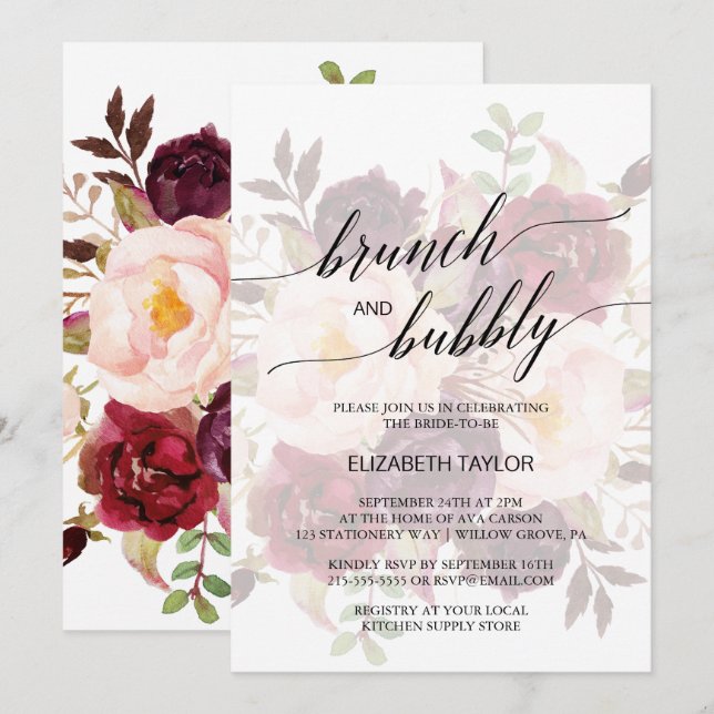 Elegant Calligraphy | Tona Blommigt Brunch & Bubly Inbjudningar (Fram/baksida)