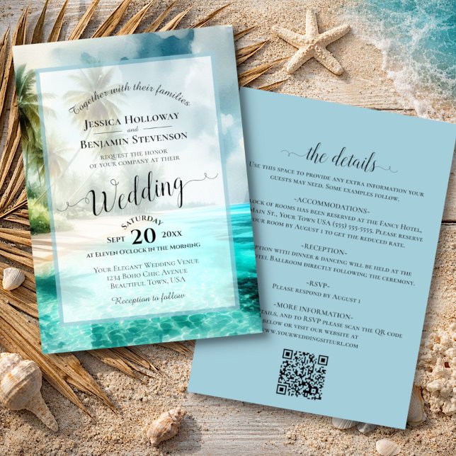 Elegant Calligraphy Tropical Beach QR Code Wedding Inbjudningar (Front/Back)