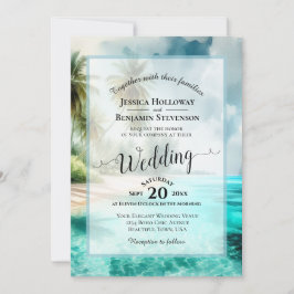 Elegant Calligraphy Tropical Beach QR Code Wedding Inbjudningar