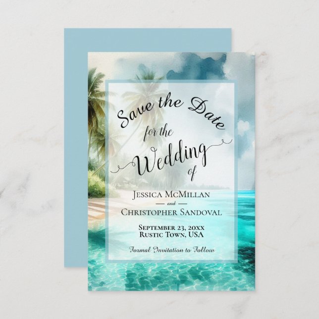 Elegant Calligraphy Tropical Beach Wedding Spara Datumet (Fram/baksida)