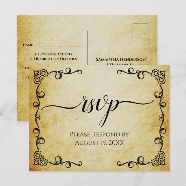 Elegant Calligraphy Vintage Parchment Bröllop OSA Vykort (Fram/baksida)