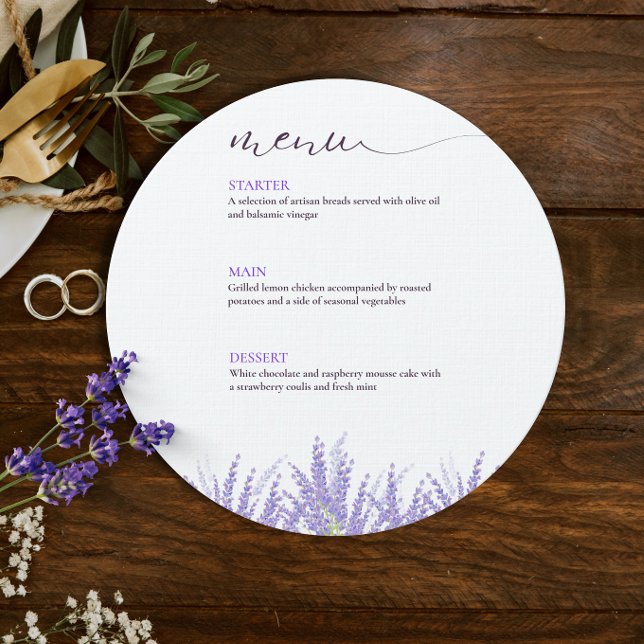 Elegant Calligraphy Watercolor Lavender Bröllop Meny (Elegant Calligraphy Watercolor Lavender Wedding Menu)