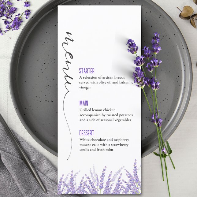 Elegant Calligraphy Watercolor Lavender Bröllop Meny (Elegant Calligraphy Lavender floral Wedding Menu)