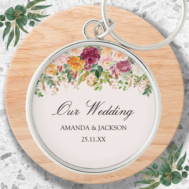 Elegant Calligraphy Watercolor Ro Garden Wedding Rund Silverfärgad Nyckelring (Close up)