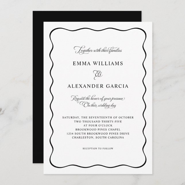 Elegant Calligraphy Wedding Black Wavy Border Inbjudningar (Fram/baksida)