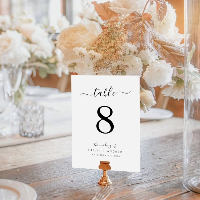 Elegant Calligraphy White & Black Färg Bröllop Bordsnummer (Elegant Calligraphy White & Black Color Wedding Table Number)