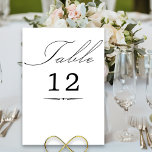 Elegant Calligraphy White Bröllop Bordsnummer<br><div class="desc">Vitt bordsnummer-kort med elegant-kalligrafi och redigerbart bordsnummer. Enkel svart och vit, modern, minimalistisk design för kostym i bröllop färg. Bord är skrivet i handskript och mallen är redo för dig att redigera bordsnumret. I min samling i Bröllop Färg finns en samordning av inbjudningar, stationär utrustning och händelsemedagar. Om du vill...</div>