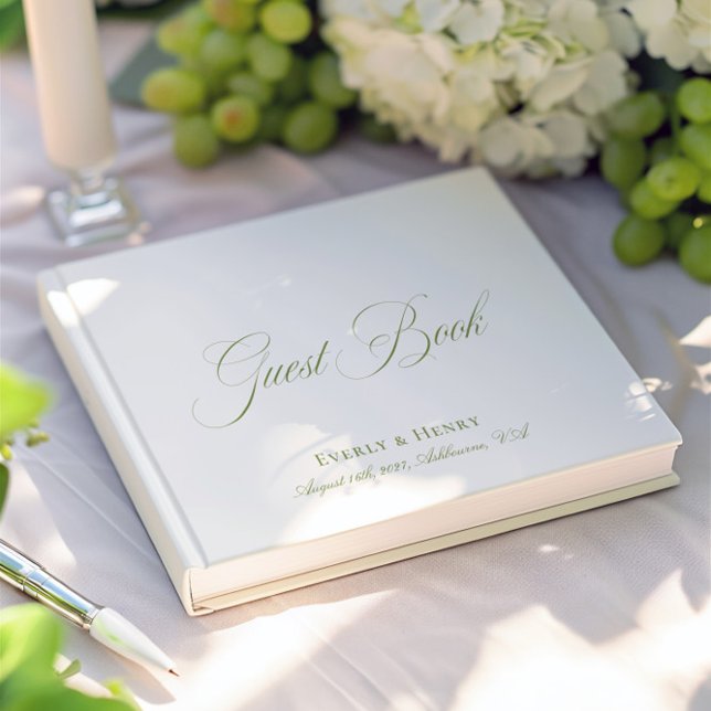 Elegant Calligraphy White & Sage Grönt Bröllop Gästböcker (Elegant Calligraphy White & Sage Green Wedding Guest Book)