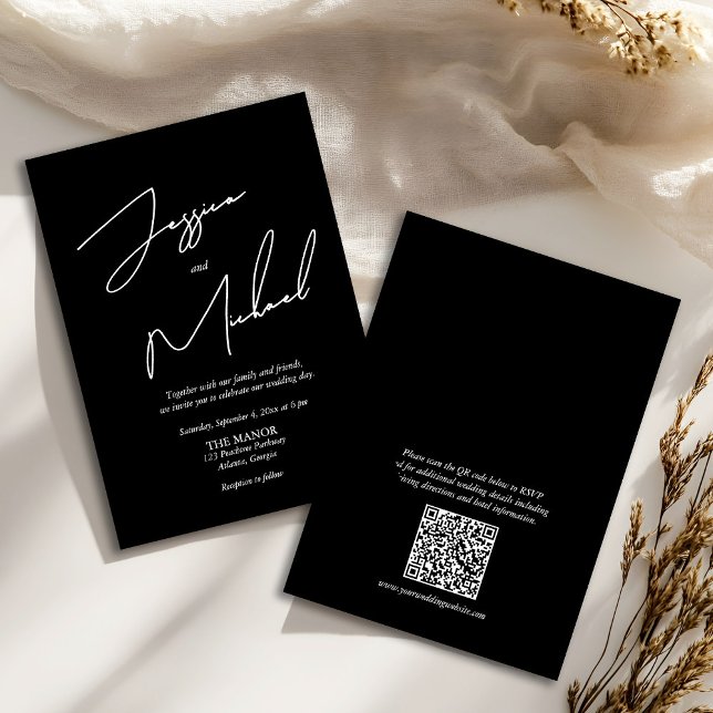 Elegant Callligraphy Black and White QR-kod Inbjudningar (Skapare uppladdad)