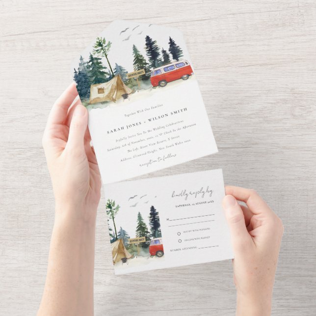 Elegant Camping Watercolor Tallskog Bröllop (Tearaway)
