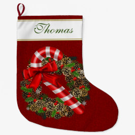 Elegant Candy cane Red Ribbon Anpassningsbar Monog Stor Julstrumpa